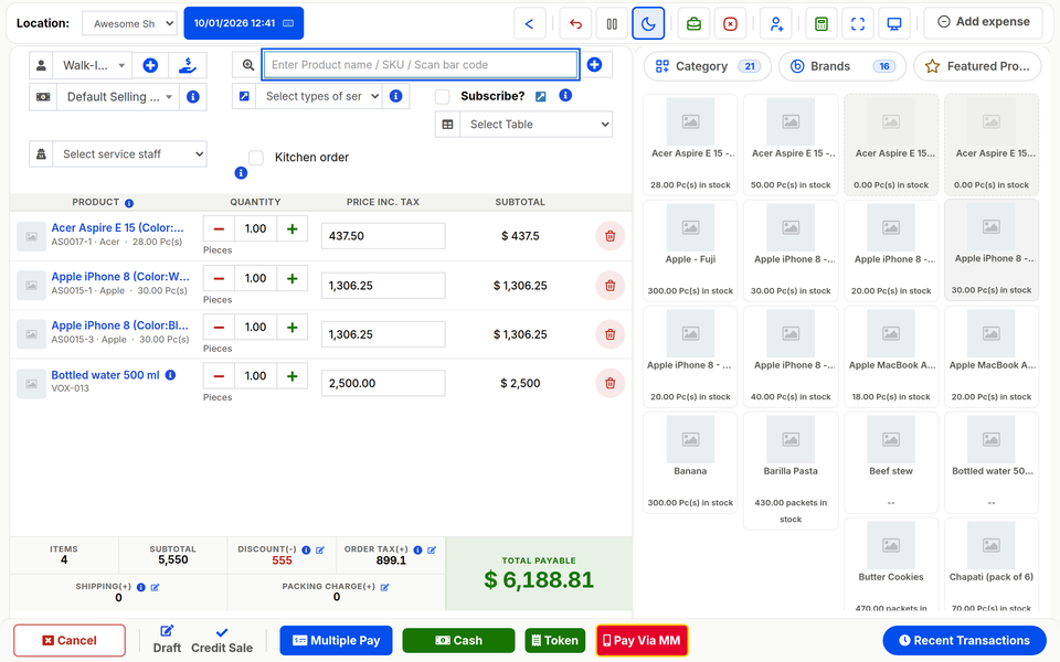 Kit POS selling screen with items in the cart