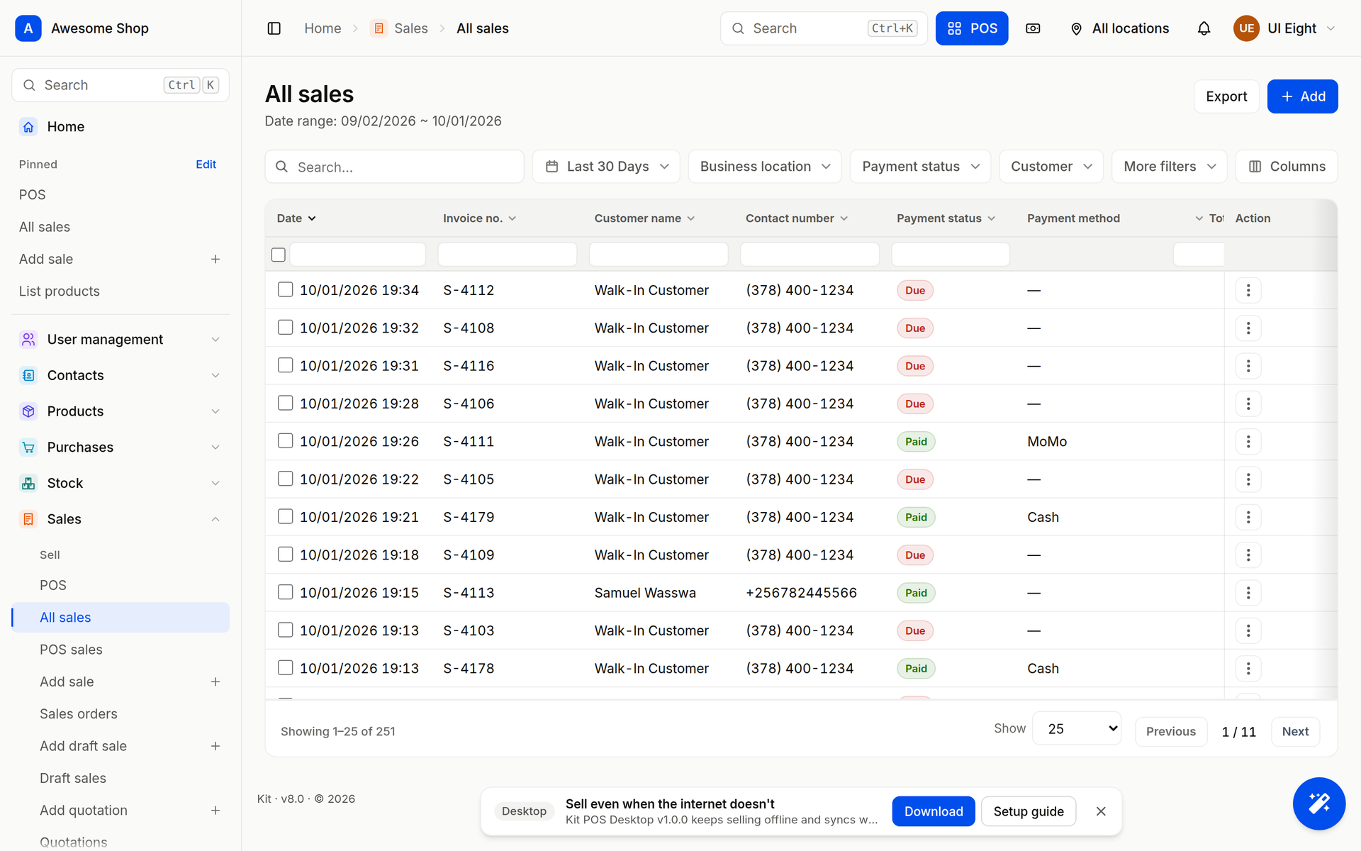 Kit All sales list: 251 sales in the last 30 days, filtered by payment status, with MoMo and cash payments