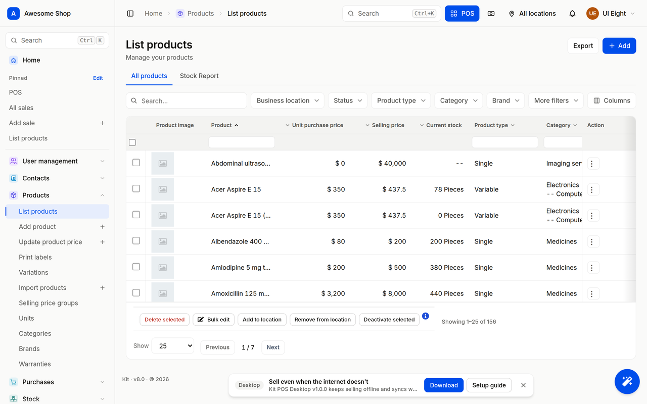 Kit products list with SKU, brand, category and current stock