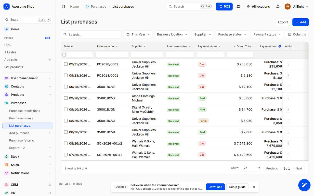 Kit purchases list with suppliers, status and totals