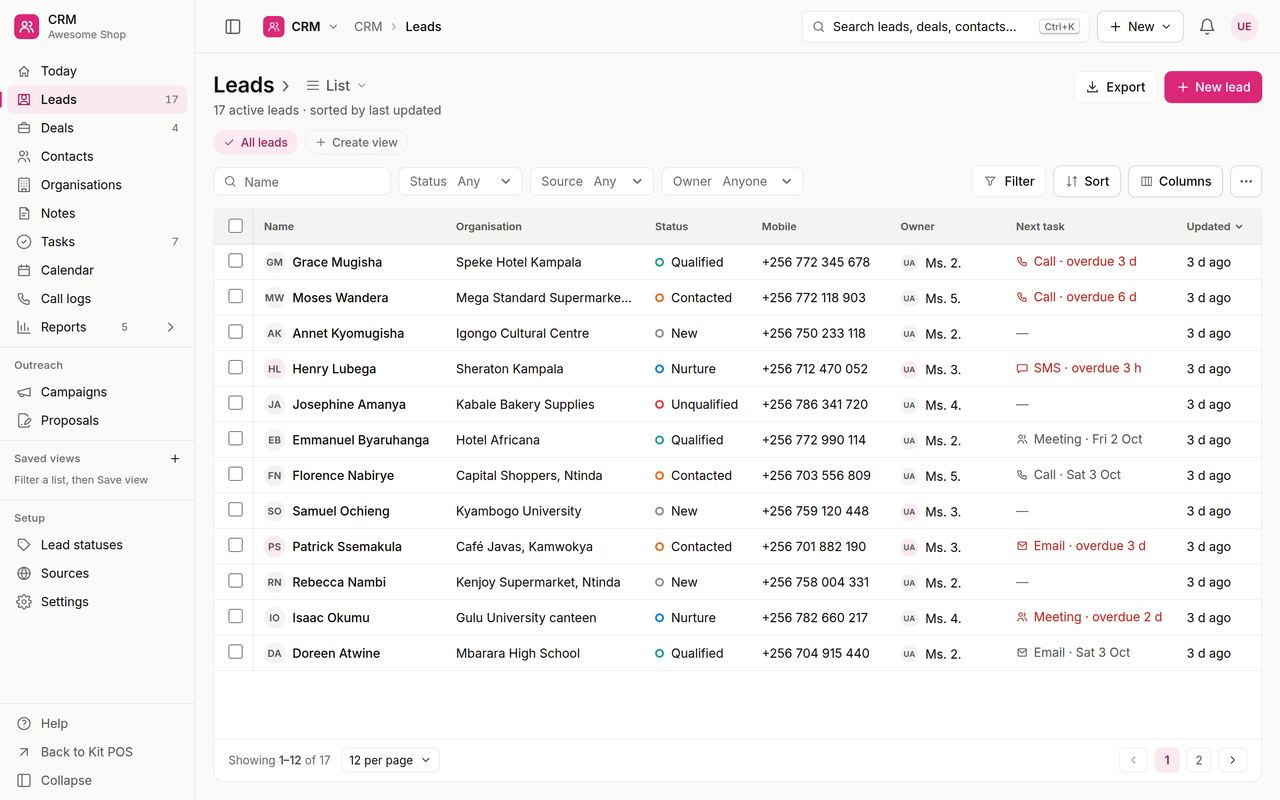 Kit CRM leads list