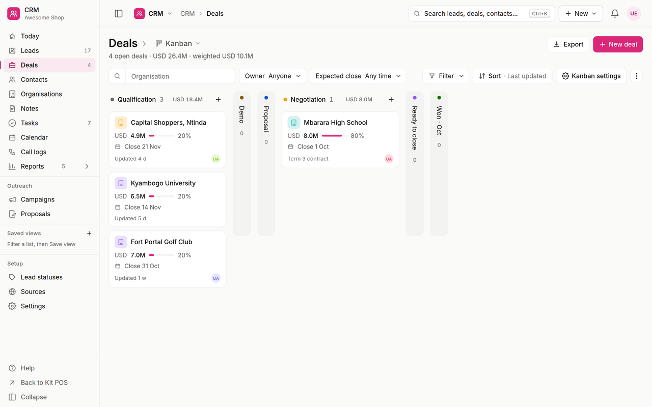 Kit CRM deals pipeline