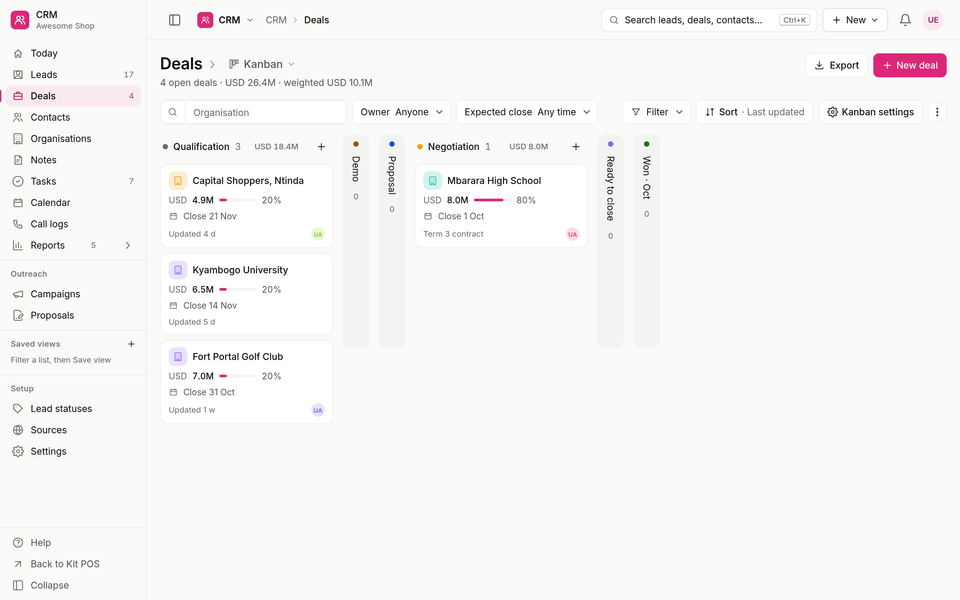 Kit CRM deals pipeline kanban