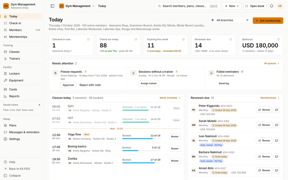 Kit Gym Today: check-ins, classes and expiring memberships