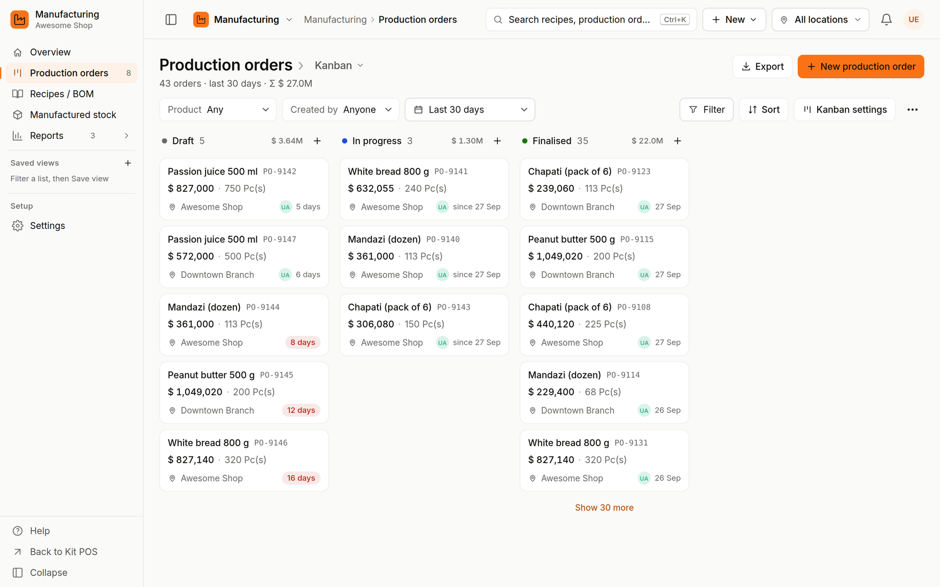Kit Manufacturing production orders kanban