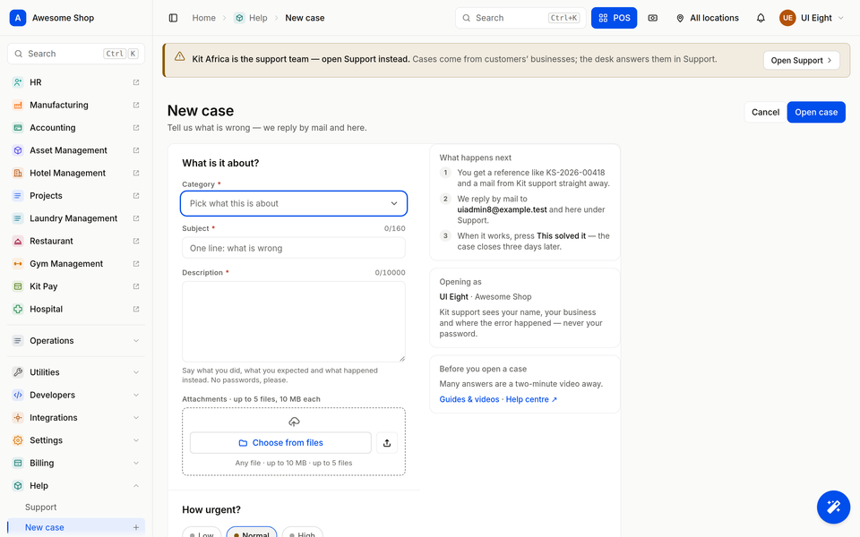 Kit Support: new case form with SLA and priority