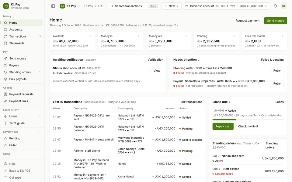 Kit Pay home: business accounts and recent transactions