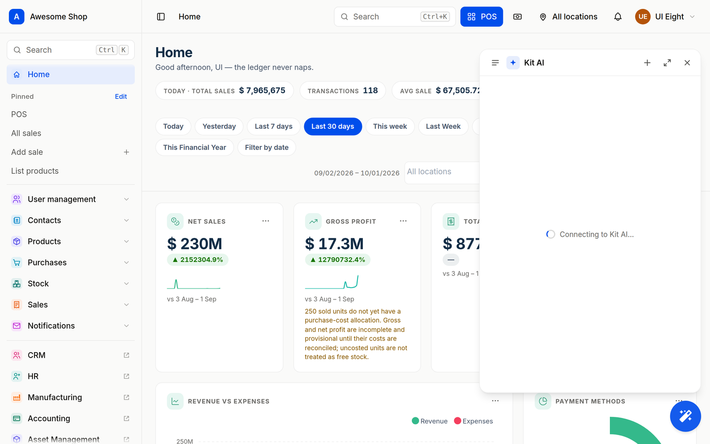 Step 1: the Kit AI panel opened from the Home dashboard of Awesome Shop
