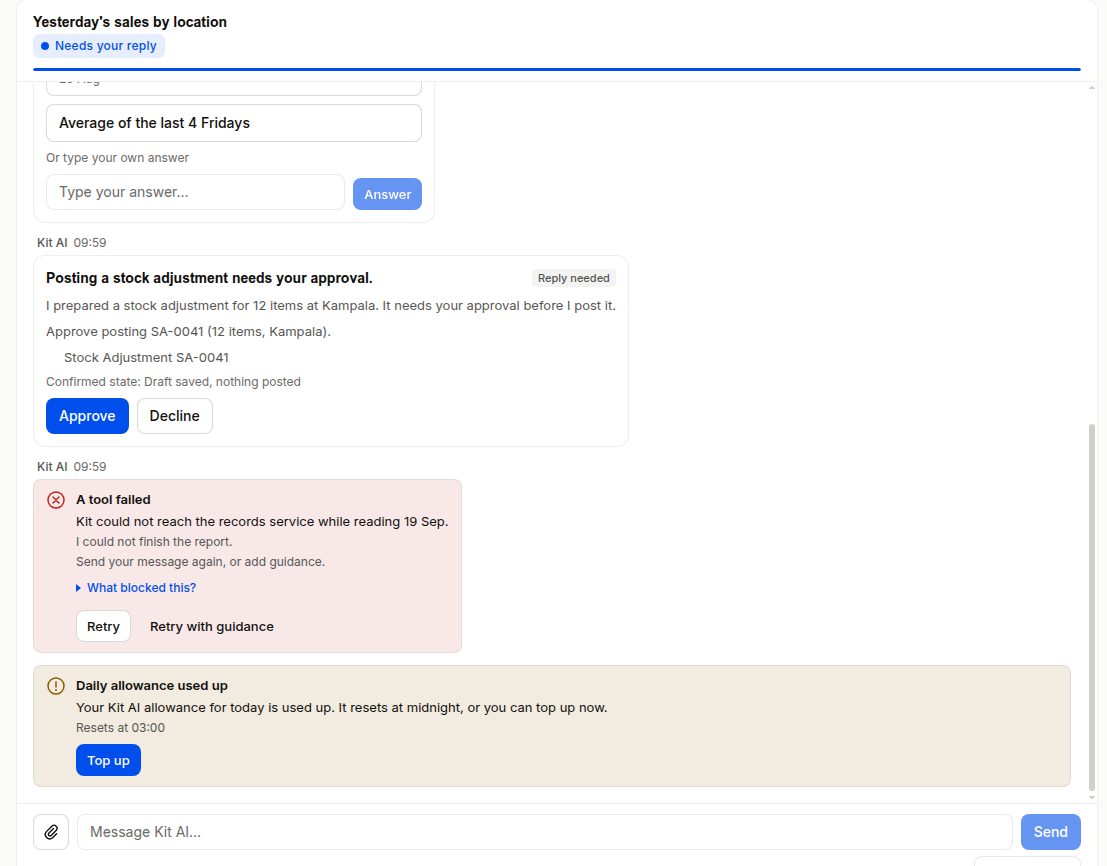 Kit AI asking which period the comparison should use, with three option cards