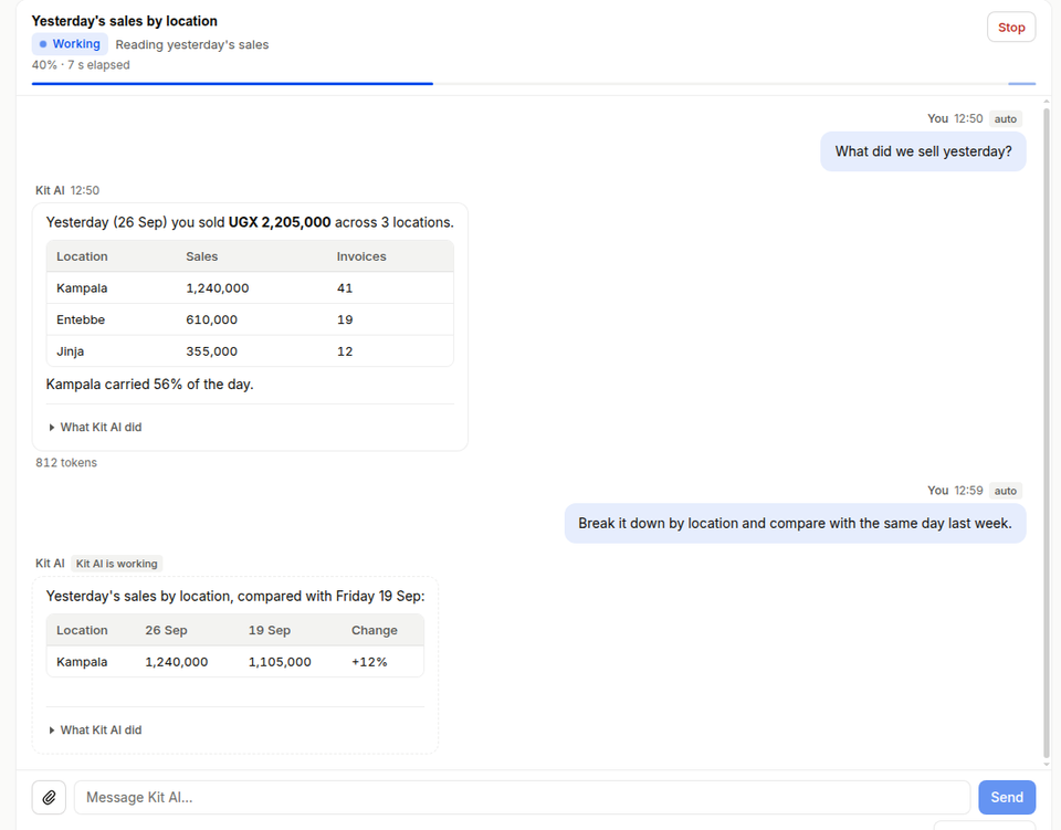 Step 2: the question 'What did we sell yesterday?' streams an answer: UGX 2,205,000 across 3 locations
