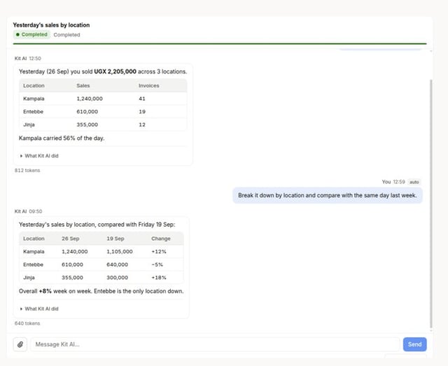Kit AI answering a question with numbers from this business only