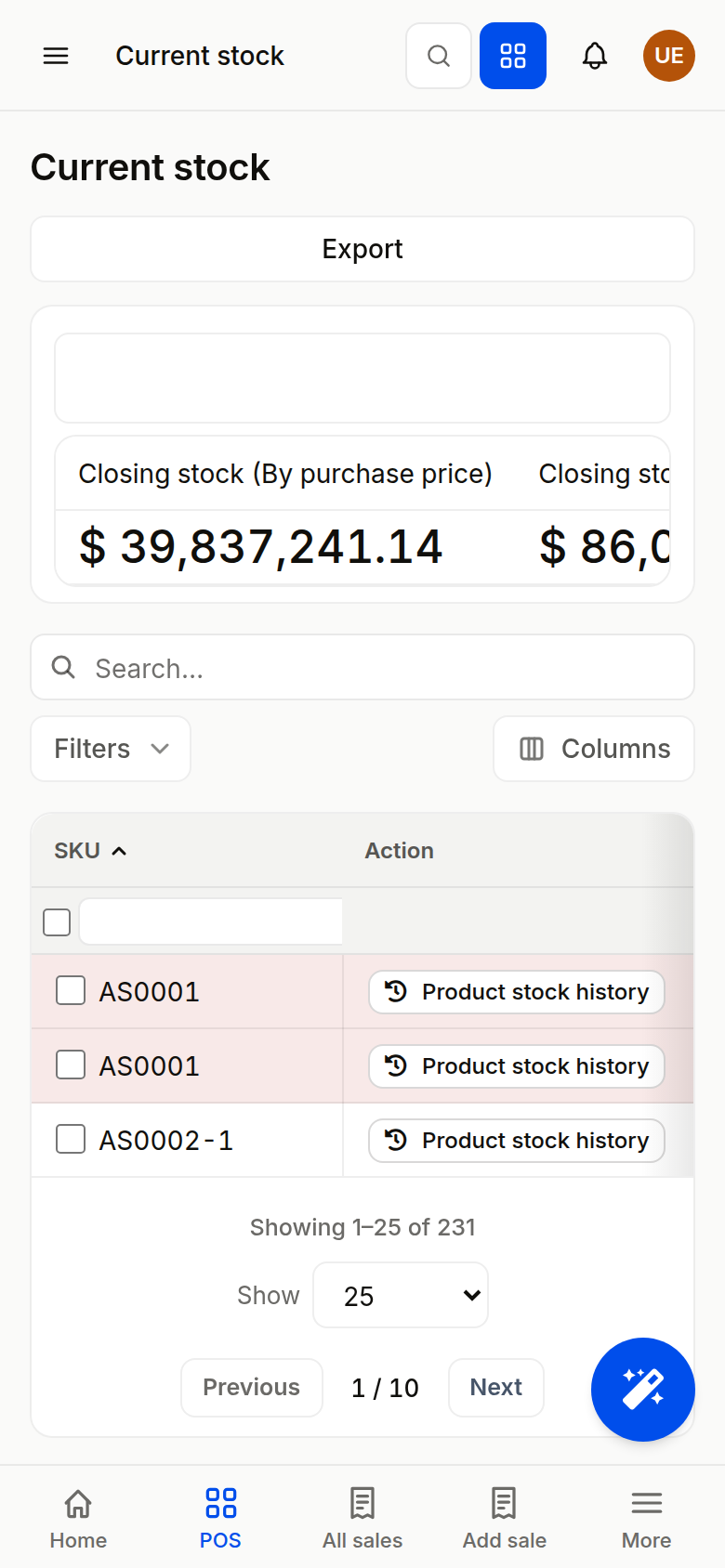 Current stock report on a phone: closing stock by purchase price
