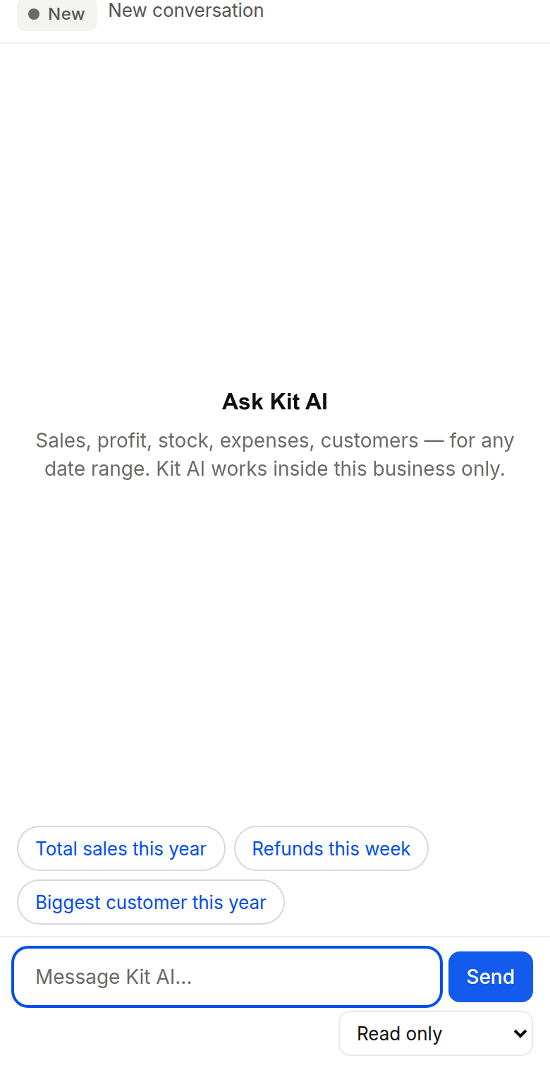 Starting a new Kit AI conversation on the phone, with suggested questions and the message box