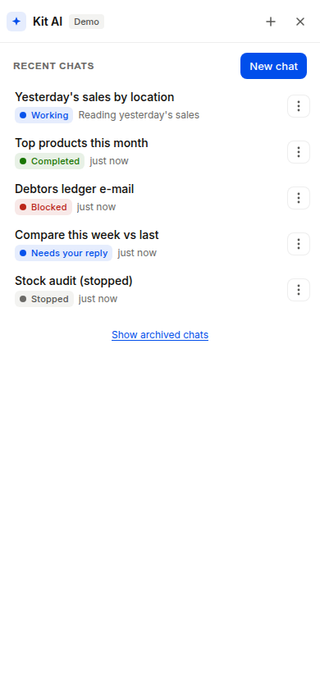 Kit AI recent chats on the phone: yesterday's sales by location (working), top products this month (completed), debtors ledger e-mail (blocked)